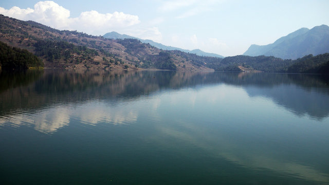 lakeside in Pokhara with the fishing net with mountain range