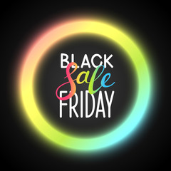 Black friday background with neon shiny frame