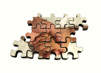 Adult and child holding hands. Image made of 3d puzzle pieces with isolation. Empty white space for text.