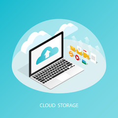 isometric computer,upload cloud storage backup anywhere vector