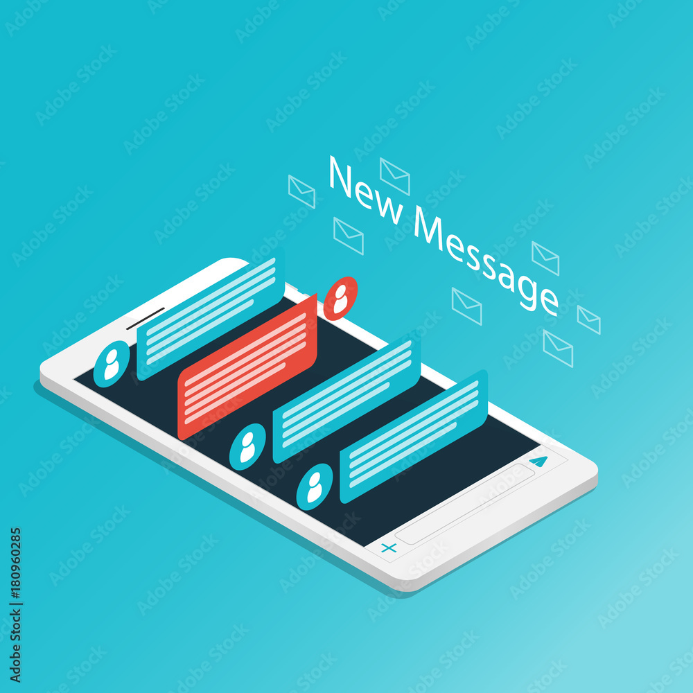 Poster isometric smartphone new message chat application vector