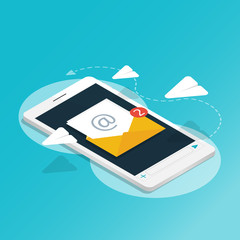 isometric smartphone send message rocket paper,You've got mail,application notifications vector