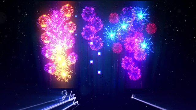 Beautiful multi colored fireworks with laser show on winter night sky in eve New Year. Rich fireworks as holidays background for New Year or Christmas. 3d animation pyrotechnic light show with snow.5
