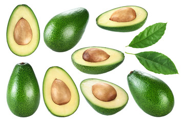 Avocado with leaf isolated on white background.