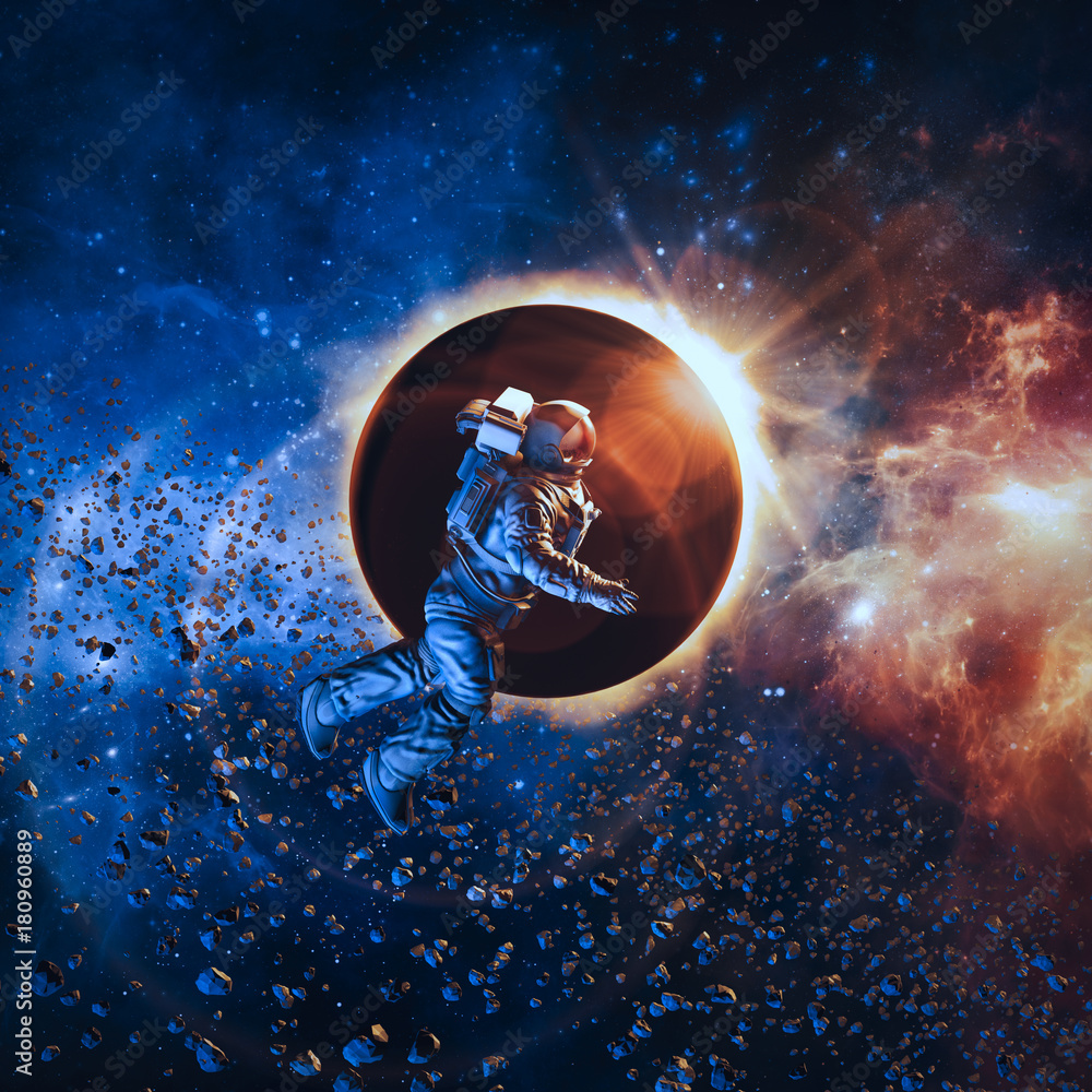 Wall mural solar eclipse astronaut / 3d illustration of astronaut floating in space during solar eclipse