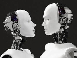 3D rendering of the heads of a female and male robot.
