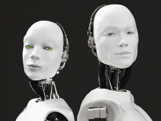 3D rendering of the heads of a female and male robot.
