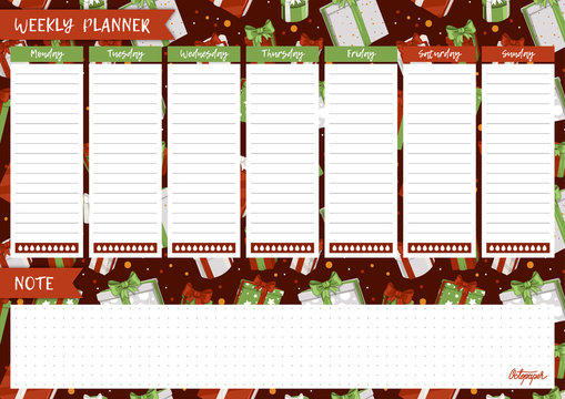 Printable weekly planner. Cute page for notes. Notebooks,decals, diary, school accessories. Cute gift boxes, presents for Christmas holidays