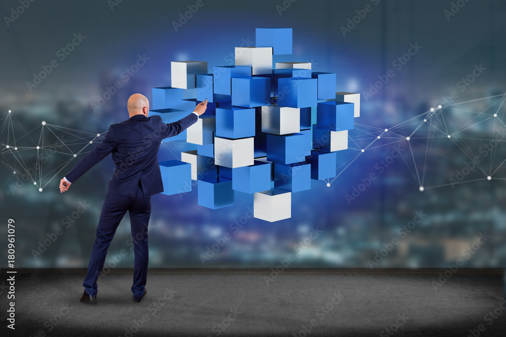 Aufkleber 3d rendering blue and white cube on a futuristic interface