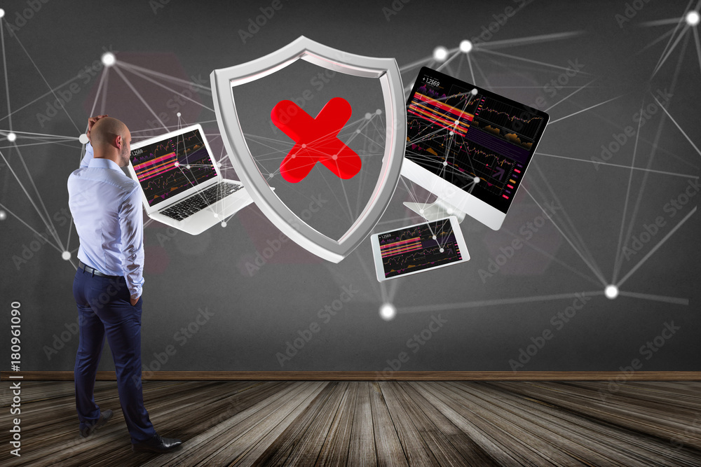 Poster hacked shield symbol surrounded by devices and network displayed on a futuristic interface