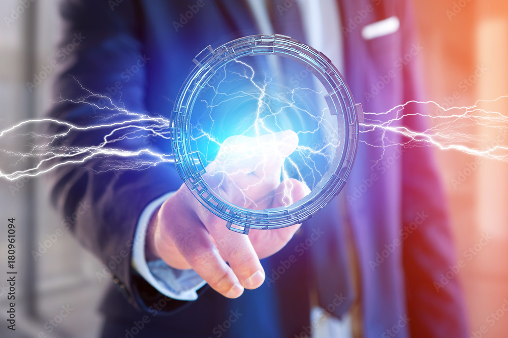 Poster thunder lighting bolt in a science fiction wheel interface - 3d rendering
