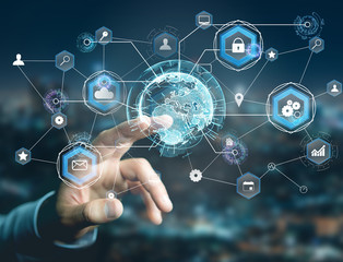 International business network connection displayed on a futuristic interface with technology icon...