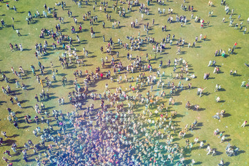 View from the height of the people during the festival of Holi colors. Toned