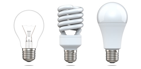 3d rendering set of tungsten bulb, fluorescent bulb and LED bulb. 3d illustration, evolution of...