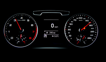 Glowing car dashboards in black and red colors
