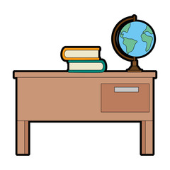 teacher desk with books and planet