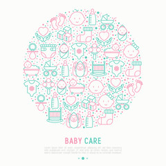 Baby care concept in circle with thin line icons: newborn, diaper, pacifier, crib, footprints, bathtub with bubbles. Vector illustration for banner, web page, print media.