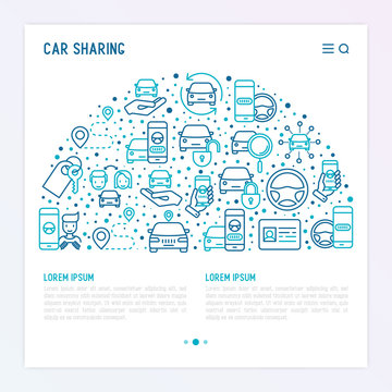 Car sharing concept in half circle with thin line icons of driver's license, key, blocked car, pointer, available, searching of car. Vector illustration for banner, web page, print media.
