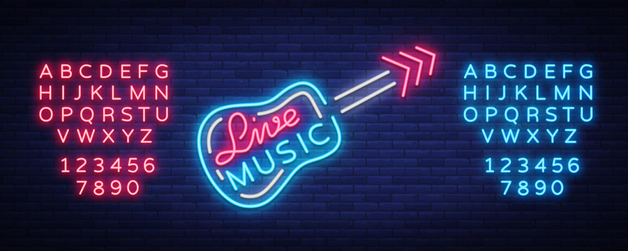 Live music neon sign vector, poster, emblem for live music festival, music bars, karaoke, night clubs. Template for flyers, banners, invitations, brochures and covers. Editing text neon sign