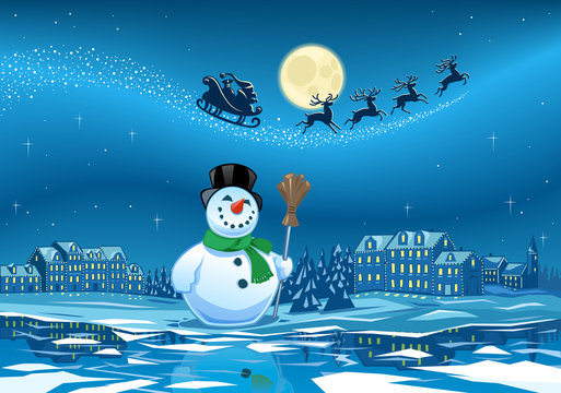 Snowman in Christmas night with Santa sleigh in the sky