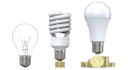 3d rendering of tungsten, fluorescent and LED bulbs, on stack of coins, isolated on white background. 3d illustration, evolution of energy saver lamps, concept of led technology advantage.