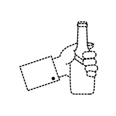flat line uncolored hand with bottle champagne sticker  vector illustration