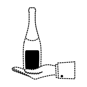 flat line monochromatic  hand  with bottle champagne sticker  vector illustration