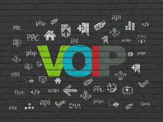Web design concept: Painted multicolor text VOIP on Black Brick wall background with  Hand Drawn Site Development Icons