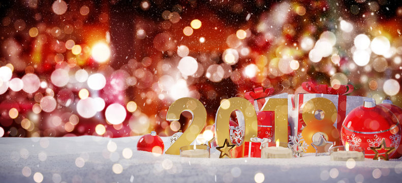 2018 new year eve with christmas baubles and gifts 3D rendering