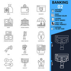 Banking icons set. Thin Line Vector Illustration. Adjust stroke weight. Expand to any Size. Easy Change Colour. Editable Stroke. Layers with Names. Pixel Perfect