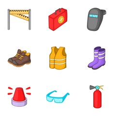 Road repair equipment icons set, cartoon style