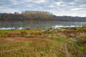 Panoramic view of the Don river valley. Autumn landscape. Country road.
