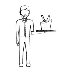 flat line uncolored  waiter man  over white background vector illustration