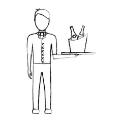 flat line uncolored  waiter man  over white background vector illustration