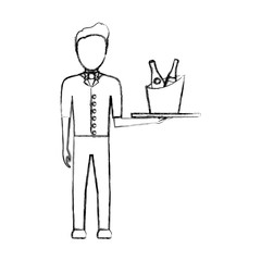 flat line uncolored  waiter man  over white background vector illustration