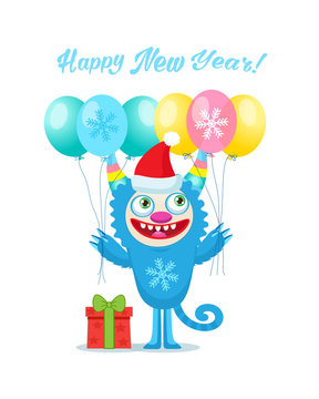 Christmas Eve. Happy Christmas Monster Vector Card. Holiday Cartoon Mascot. Merry Christmas, Happy New Year Decoration Design Element. Good For Xmas Card, Banner.
