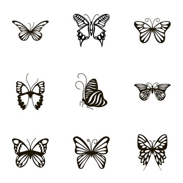 Black and white butterfly icons set, cartoon style