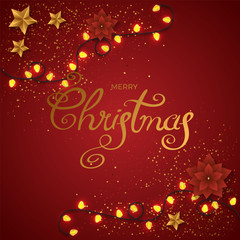 Merry Christmas vector. Light garlands on red background. Christmas lights vector illustration.