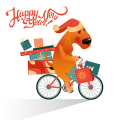 New Year's card with funny dog on a bicycle with a gifts on white background.
new year, holiday, greeting, celebration,
