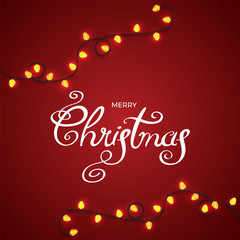 Merry Christmas vector. Light garlands on red background. Christmas lights vector illustration.