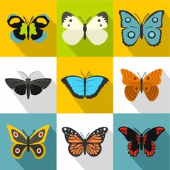 Types of butterflies icons set, flat style