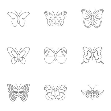 Creatures butterflies icons set, outline style