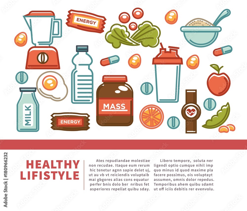 Wall mural fitness food poster of sports healthy diet food nutrition icons.