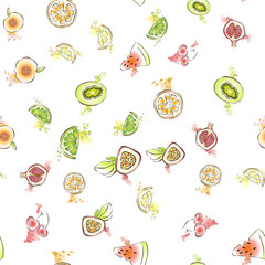 Vector seamless pattern with mixed fruits on white backgroud. Lifght backdrop.