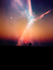 The Sunset and Astrophotography Background With Nebula, Stars. The Galaxy And The Nebula