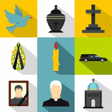 Funeral services icons set, flat style