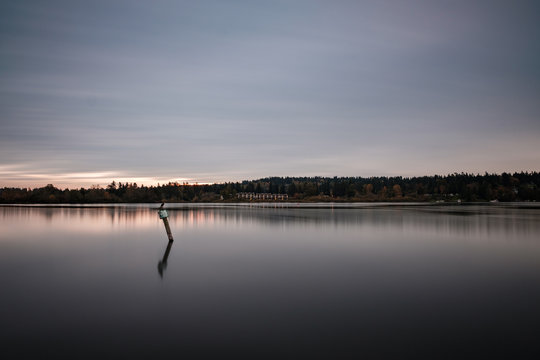 Long exposure of signs and abandoned pilings in Lake Washington