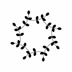 Round frame with black silhouettes of smooth lines in the form of stylized branches and leaves. Simple decor of floral elements in a flat style.