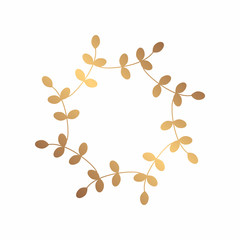 Round frame with gold silhouettes of smooth lines in the form of stylized branches and leaves. Simple decor of floral elements in a flat style.