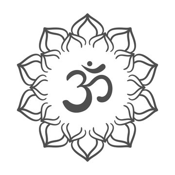 Om symbol with hand drawn mandala. Oriental decorative ornament  can be used for greeting card, wedding invitation, yoga poster, coloring book.